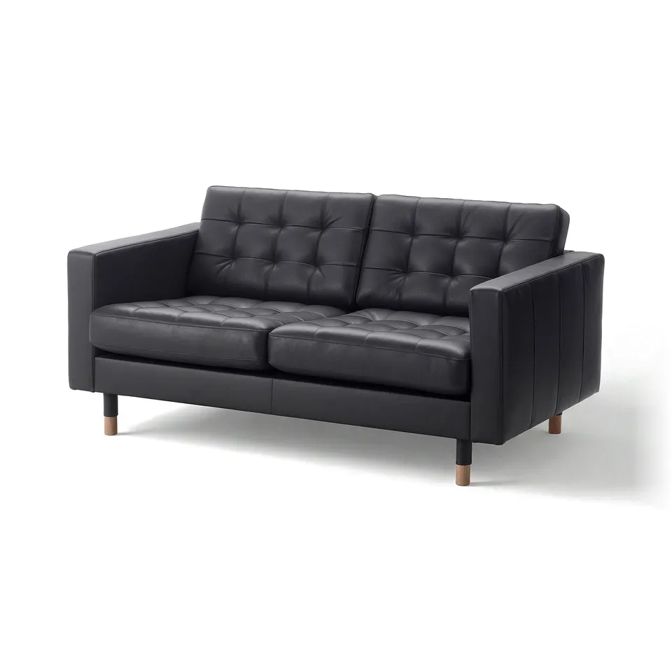 Black leather LANDSKRONA loveseat, modern design with tufted cushions.
