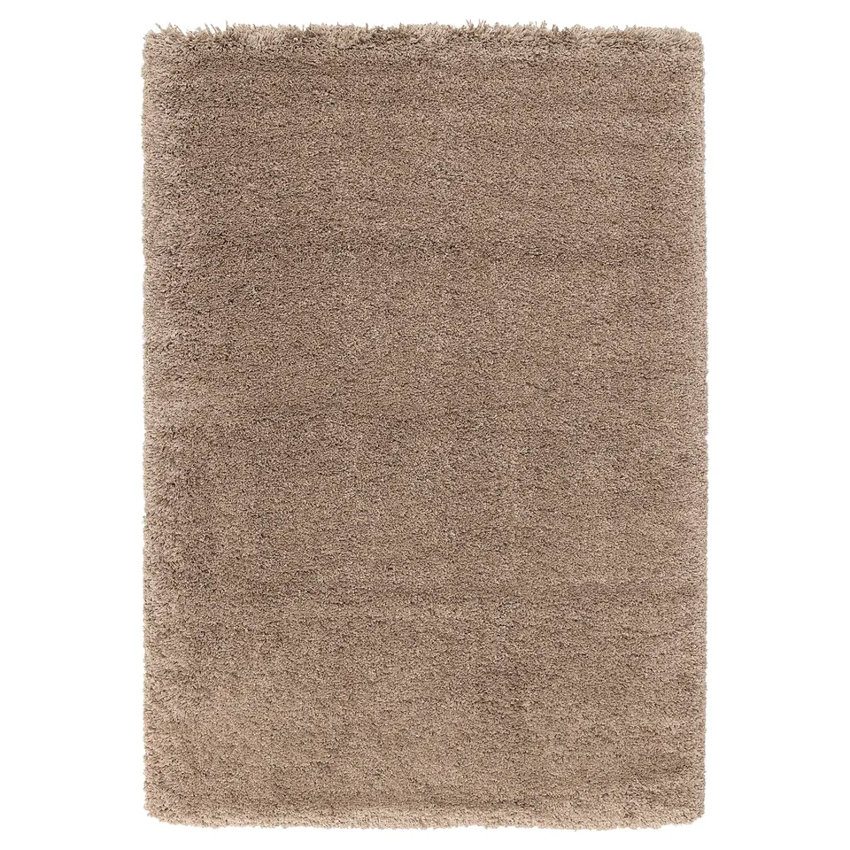 Beige shaggy rug, soft texture, rectangular shape.