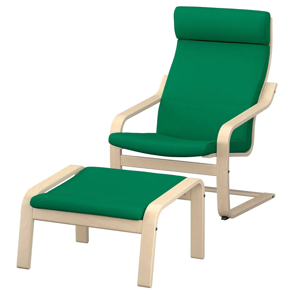 Green POÄNG armchair & ottoman, wooden frame, curved lines, comfy cushions.