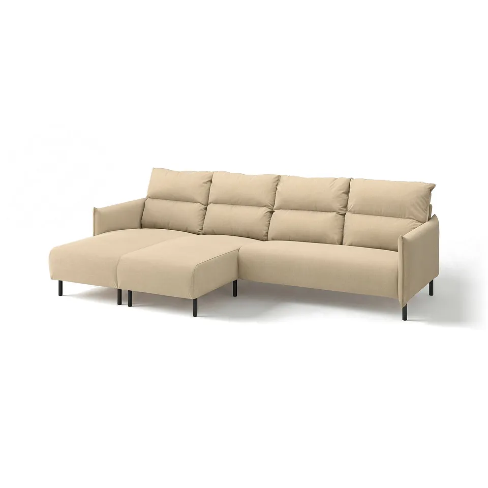 MANNARP sofa, beige, fabric, l-shaped, minimalist design, high back, black legs.