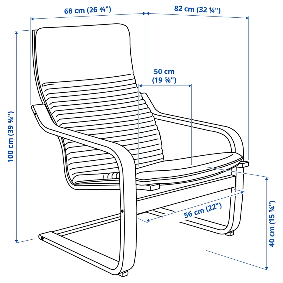 Illustration with measurements for the product: POÄNG.