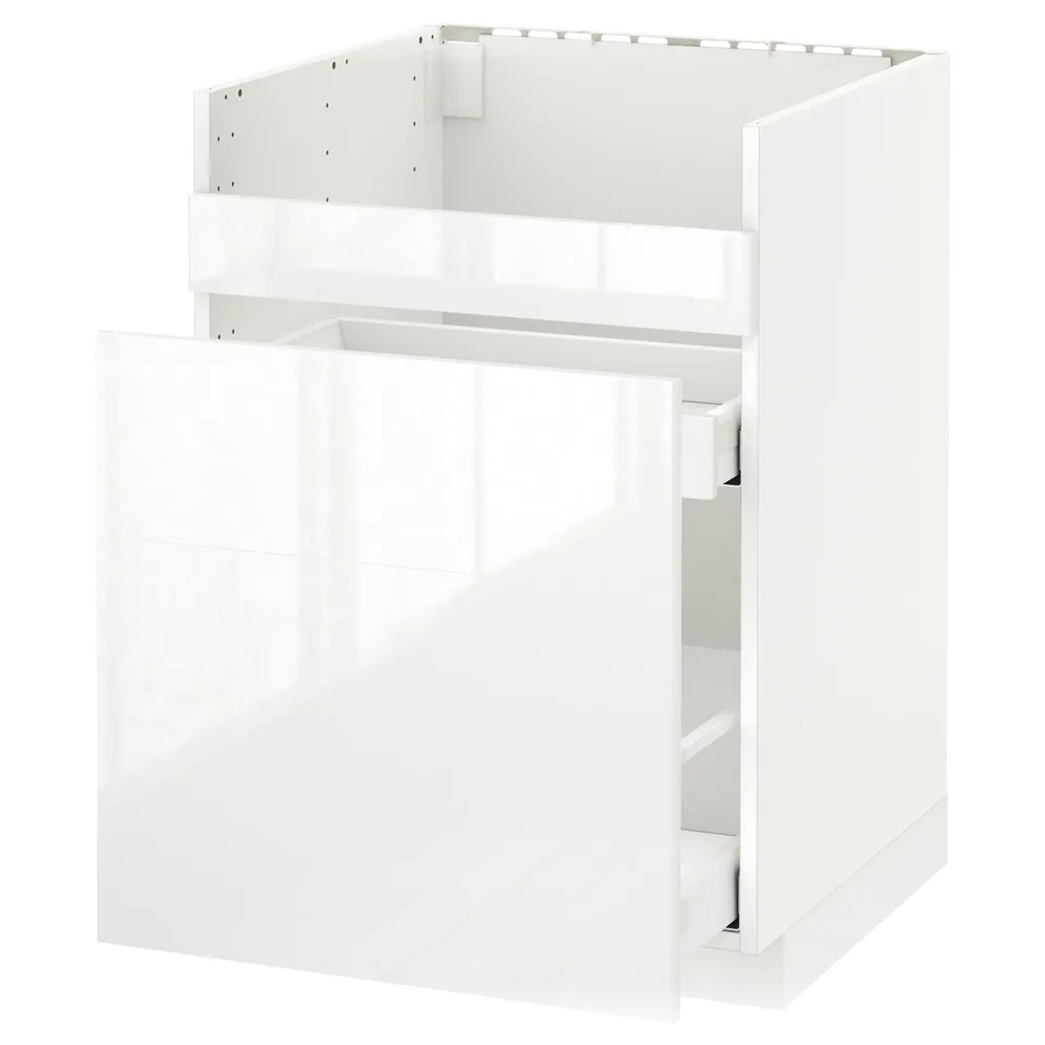 A white METOD kitchen cabinet with glossy drawer fronts. The cabinet is square-shaped with a modern design, featuring smooth-running drawers.
