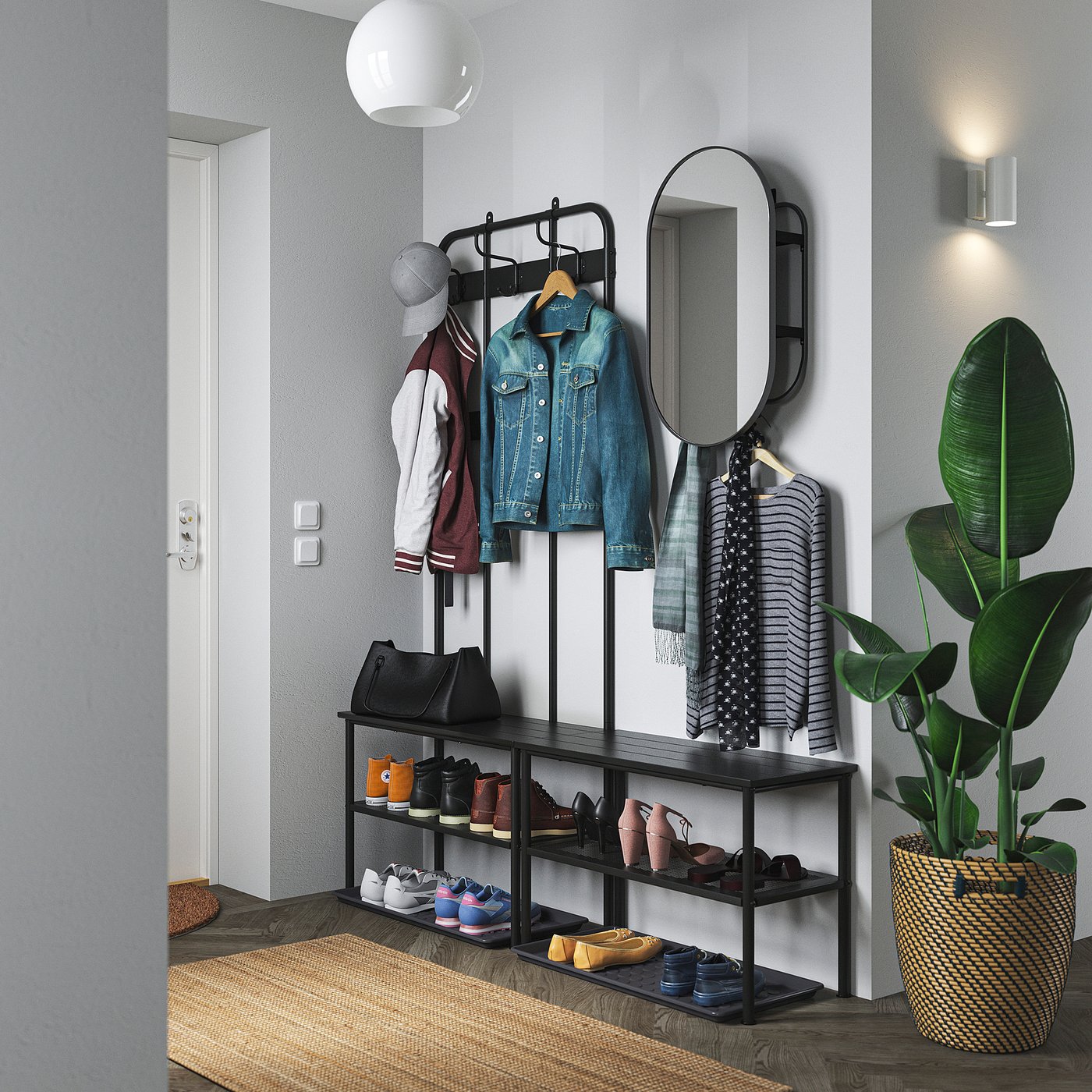 Narrow entry with shoe rack, bench, mirror, plant