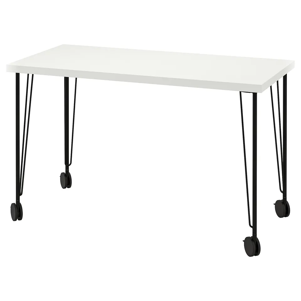 LAGKAPTEN: white rectangular tabletop with black metal legs and wheels.
