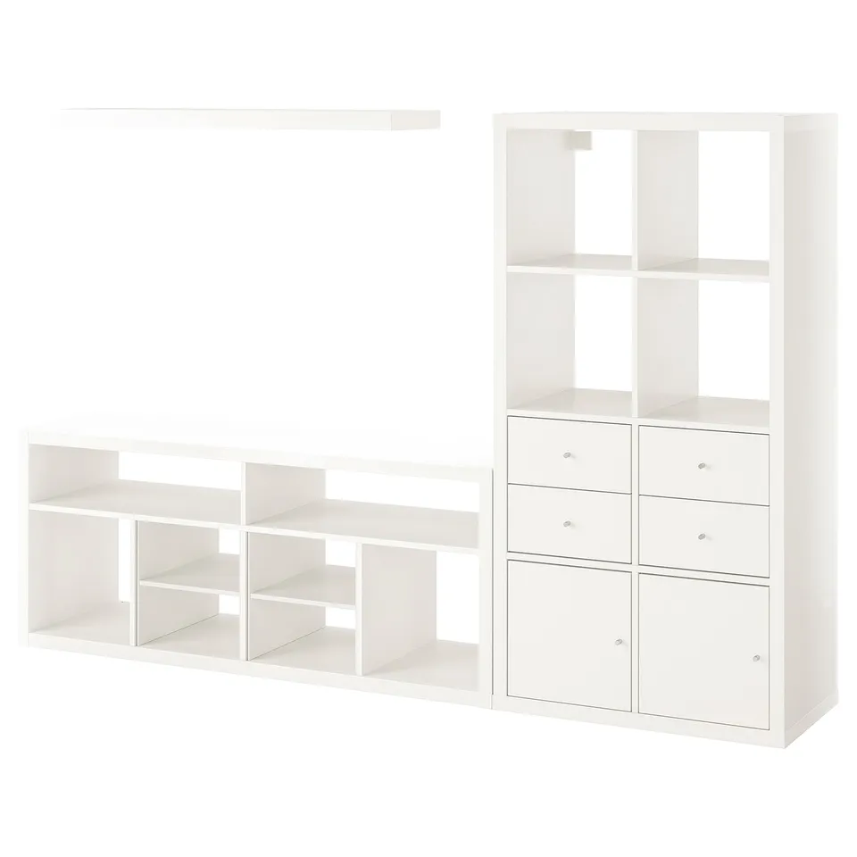 Two white ikea KALLAX units: a low tv bench with open shelves and a taller shelving unit with drawers and cabinet doors.