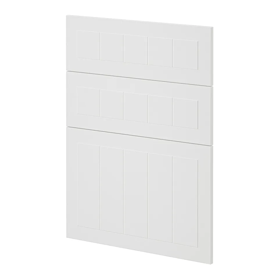 Depicts a white METOD kitchen cabinet with a crafted look and rectangular panels.
