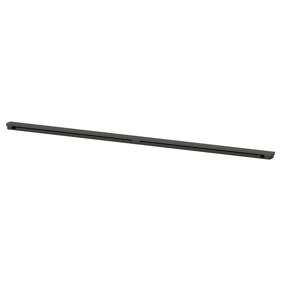 Black ENHET rail for storage, powder-coated steel, holds hooks and containers under shelves.