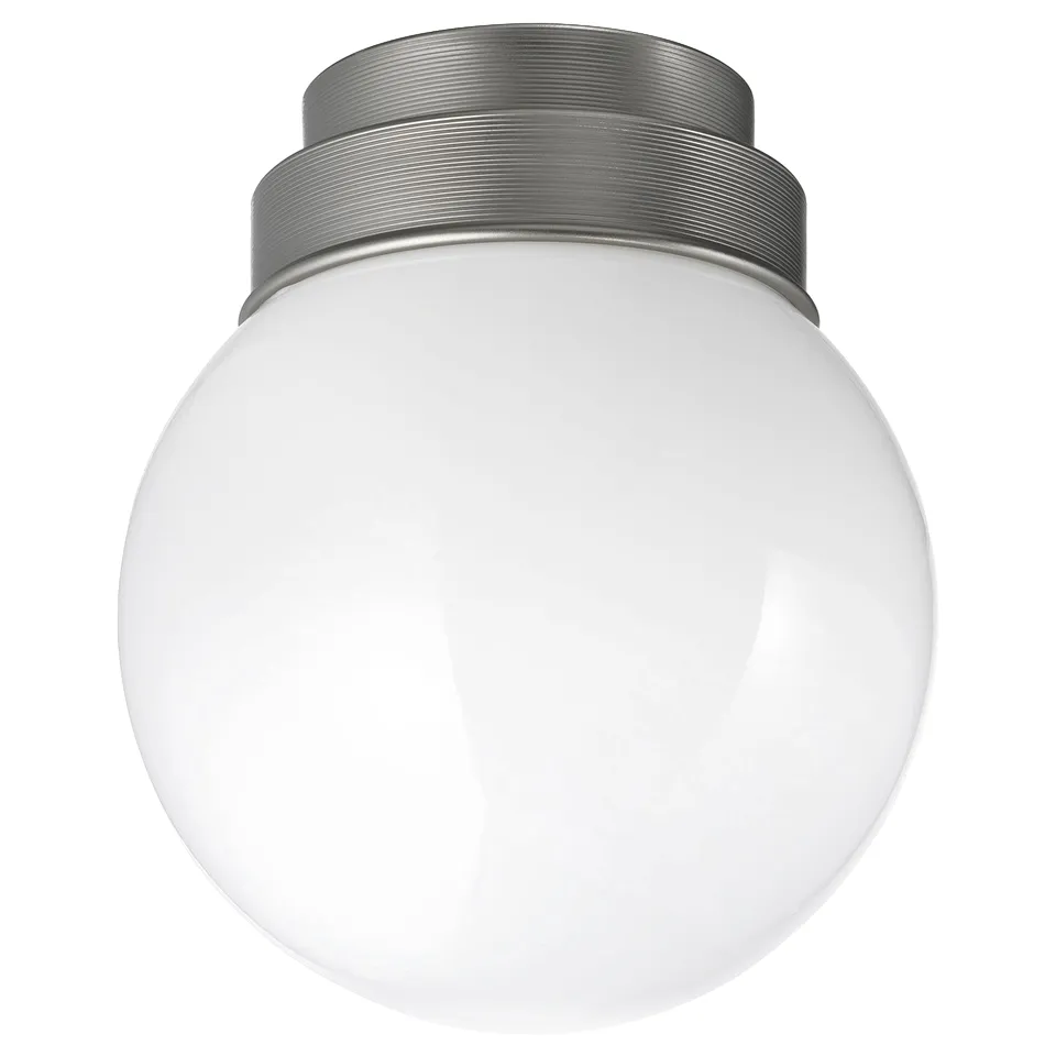 A round, white ceiling light named FRIHULT with a glass shade and metallic base, designed for bathroom use.