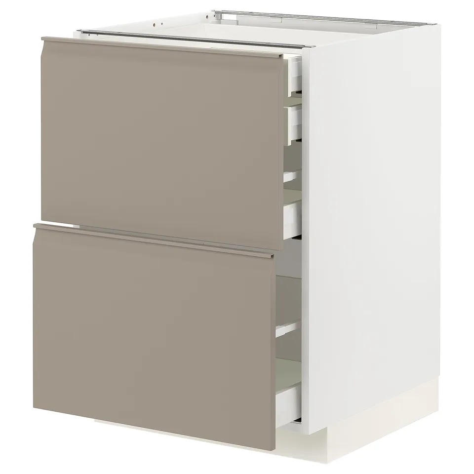 METOD kitchen unit: white & beige with grey handles, modern design, full-extension drawers.