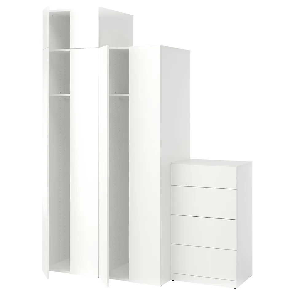 White LASTARE wardrobe with shelves and drawers, minimalist design.
