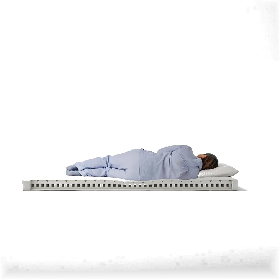 Person sleeping on light blue ÅFJÄLL mattress. Medium-firm, 12 cm thick with quilted patterns.