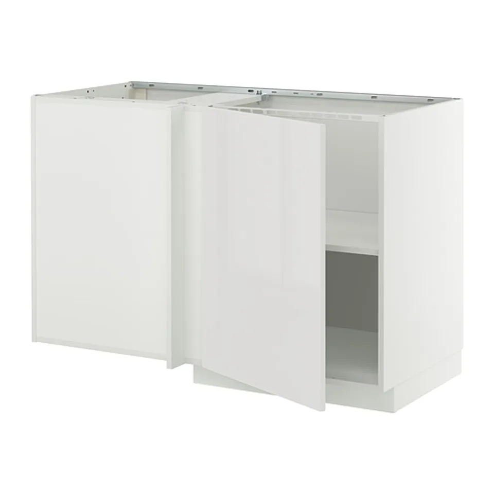 A white METOD kitchen cabinet with grey internal shelves. It has sleek, modern, and minimalist design with a high gloss finish.