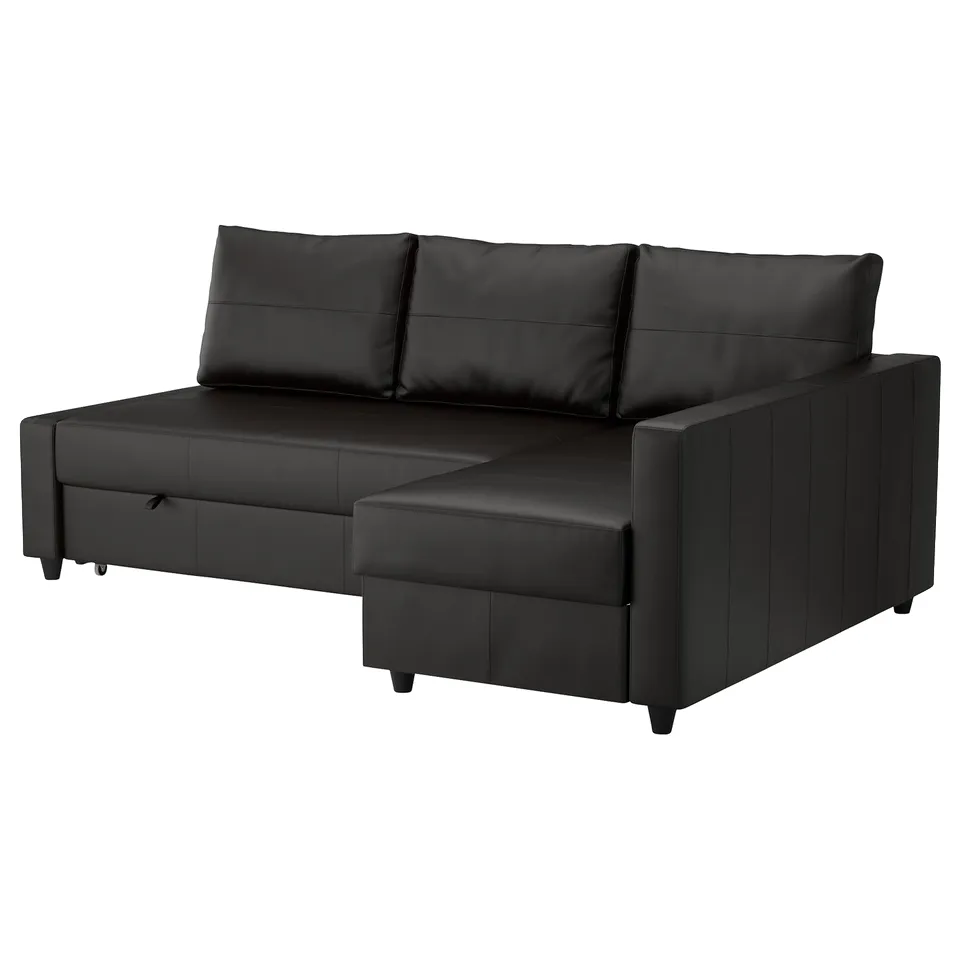Black leather corner sofa-bed with storage, sleek modern design.