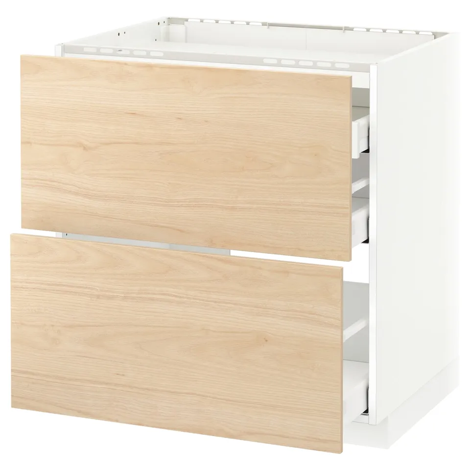 White & wooden kitchen drawer unit. Two light ash drawers, smooth & self-closing. Natural, modern design.