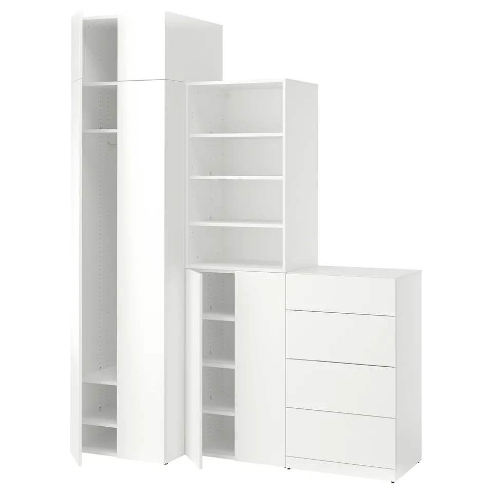 Three piece white modular storage unit set with drawers and shelves. Minimalist modern design.