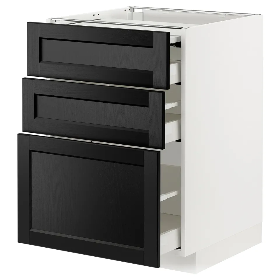 A white METOD kitchen cabinet with three black stained ash drawers featuring bevelled edges and a large door.