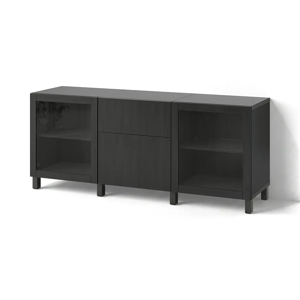 BESTÅ Storage combination with drawers, black-brown Lappviken/Sindvik/Stubbarp black-brown clear glass, 180x42x74 cm