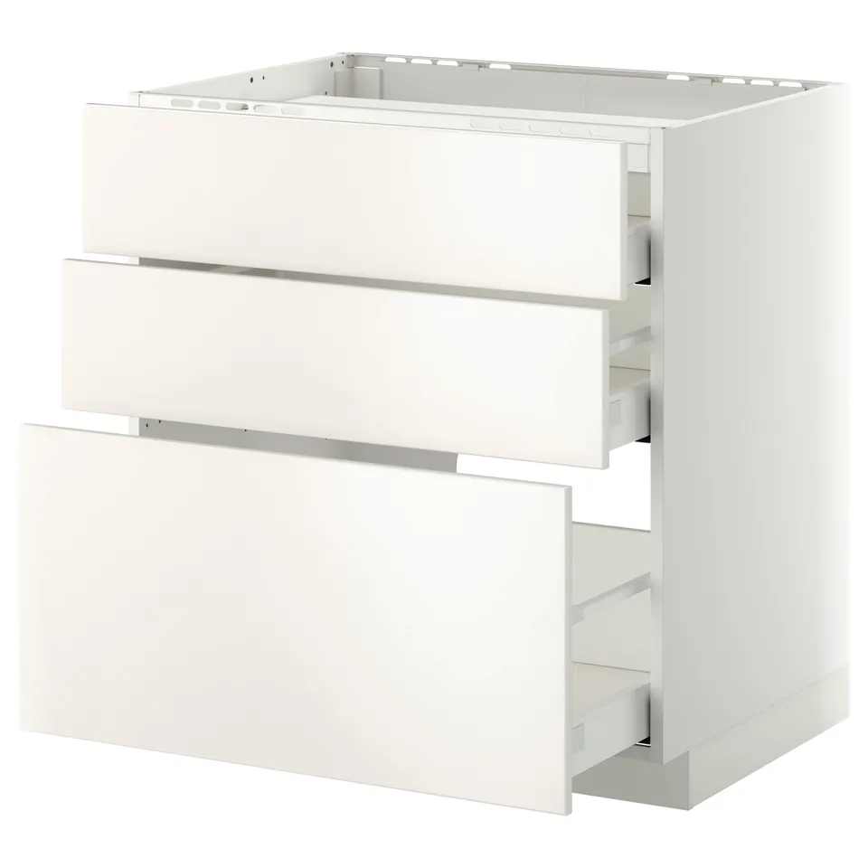 White METOD kitchen unit with three drawers; modern and minimalist design.
