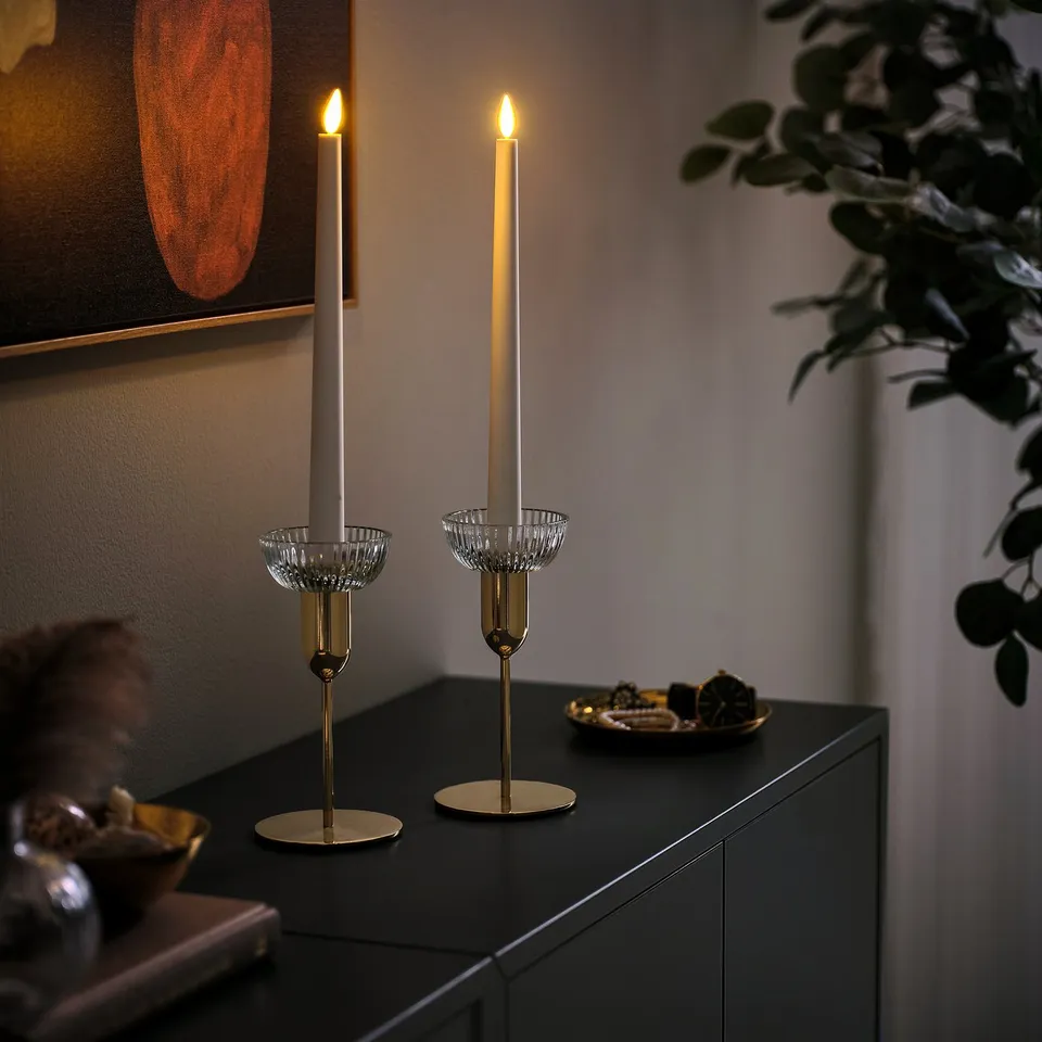 KUNGSTÄRNA Candlestick, clear glass/gold-colour, 19 cm