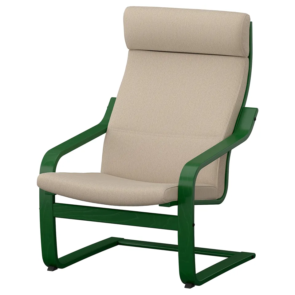 An IKEA POÄNG armchair in green with a beige cushion. It has a high back and curved armrests, designed for comfort and relaxation.
