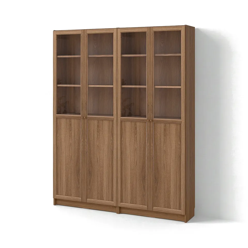 An empty wooden bookcase named BILLY. It glass doors and multiple shelves. The colour is brown, and the design is classic.