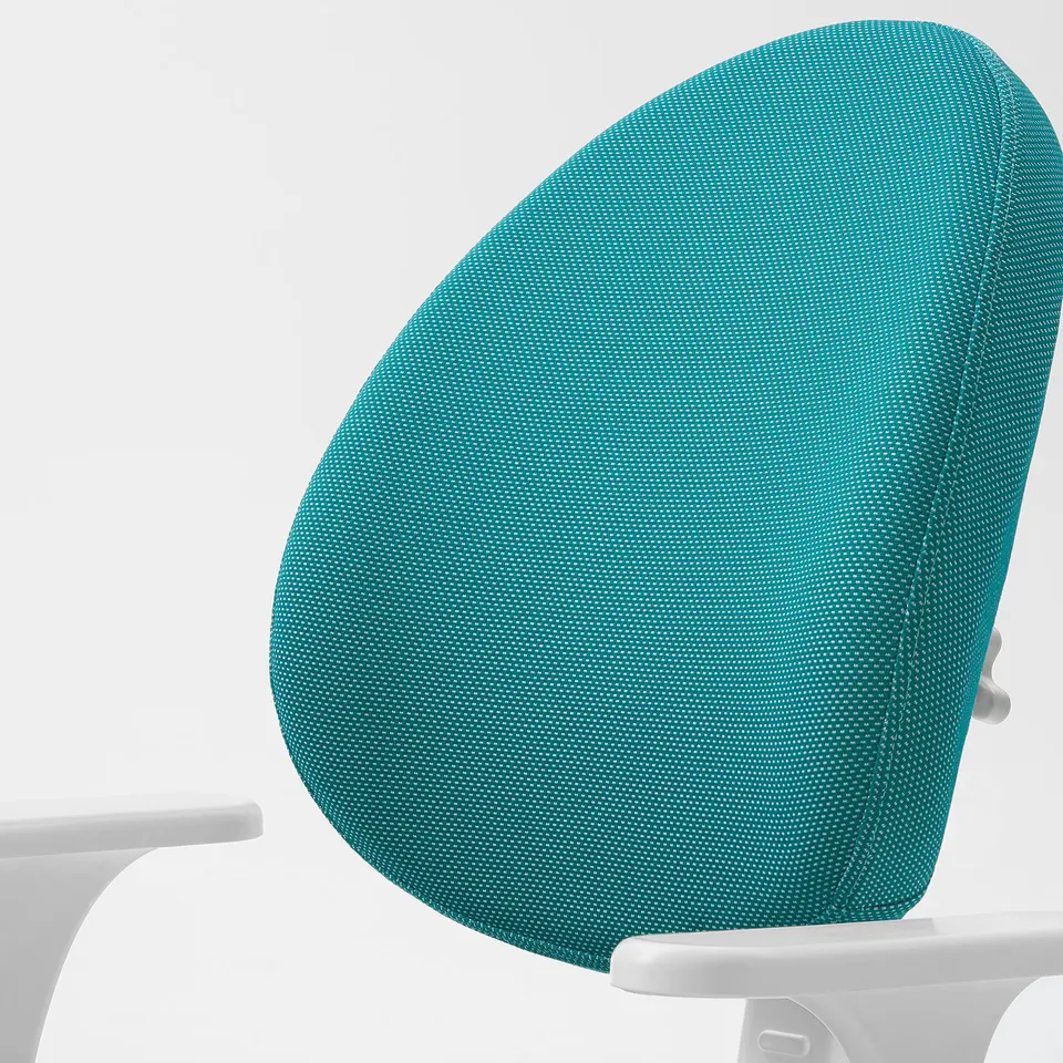 Close-up of teal GUNRIK chair backrest, showcasing textured fabric and sturdy design.