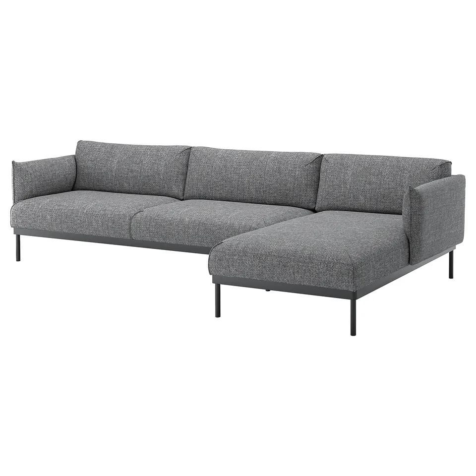 Modern l-shaped grey sofa, grey upholstery, sleek metal legs, cosy cushions, stylish and comfy.