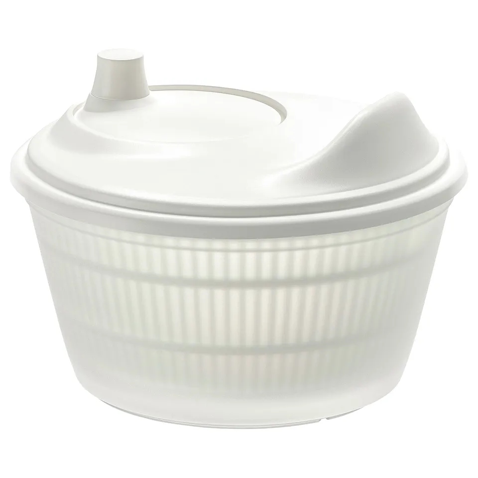 UPPFYLLD white salad spinner, round, plastic with rubber bowl, vertical handle, straining basket.