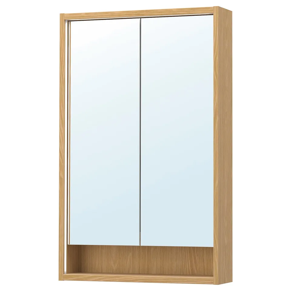 Faxaveln mirror cabinet, light wood, rectangular, wall-mounted, with sliding doors and built-in lighting.