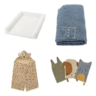 GULDVÄVARE/SANDLÖPARE/VÄDRA set: babycare mat + cover for babycare mat + towel with hood + washing mitt