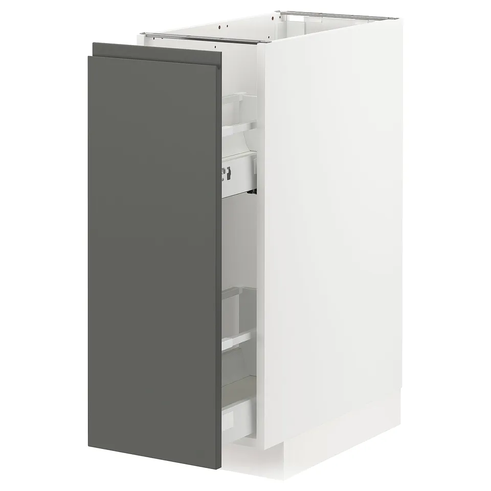 A modern METOD kitchen cabinet in white with a dark grey door featuring sleek, integrated handles.