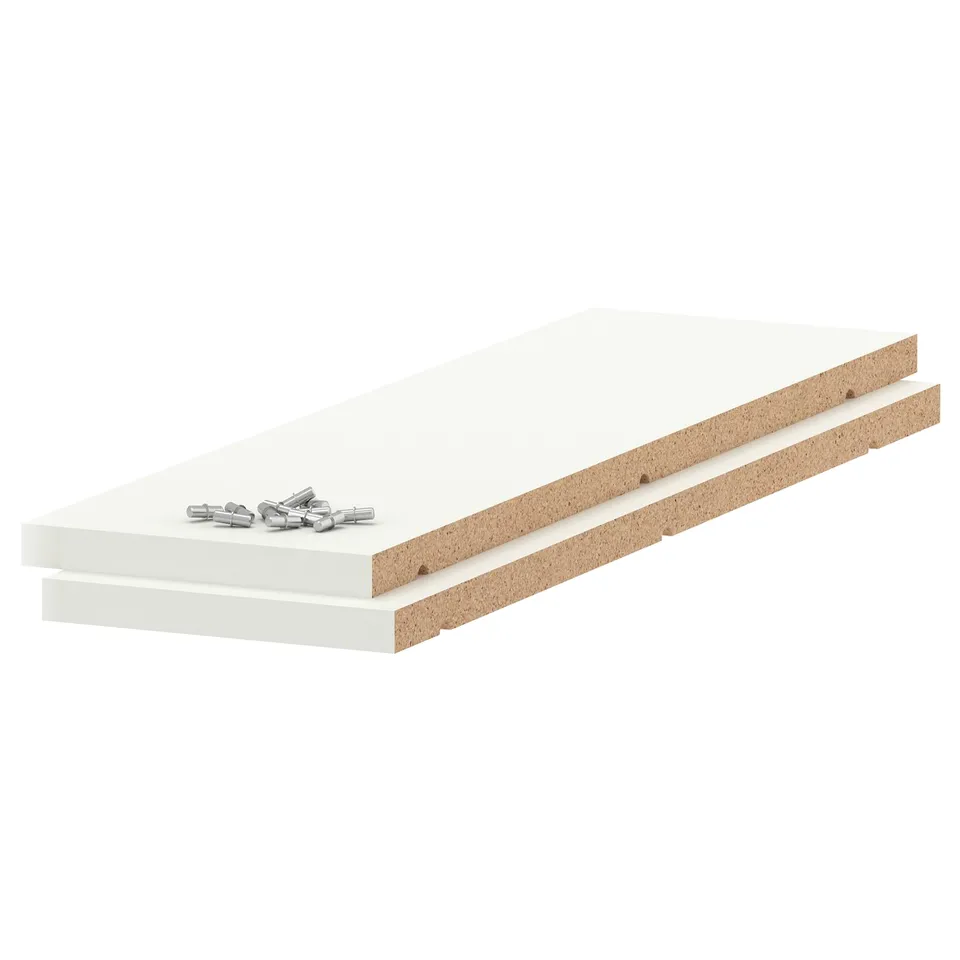 White UTRUSTA shelves, made of melamine, with a thick frame. Theyre designed for durability and easy cleaning.