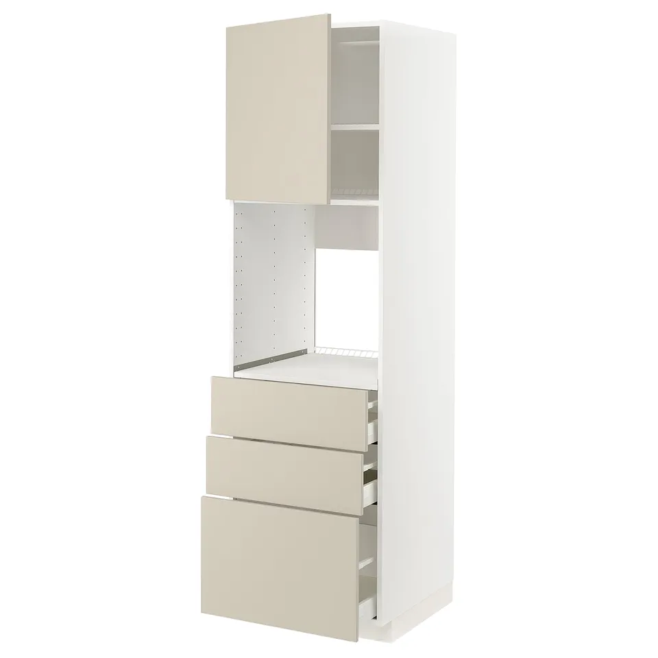 A white METOD kitchen cabinet with beige havstorp drawer fronts, featuring a smooth, clean design.
