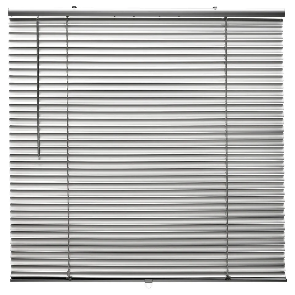 Silver venetian blinds, modern design, aluminium slats, control cords, suitable for various rooms.