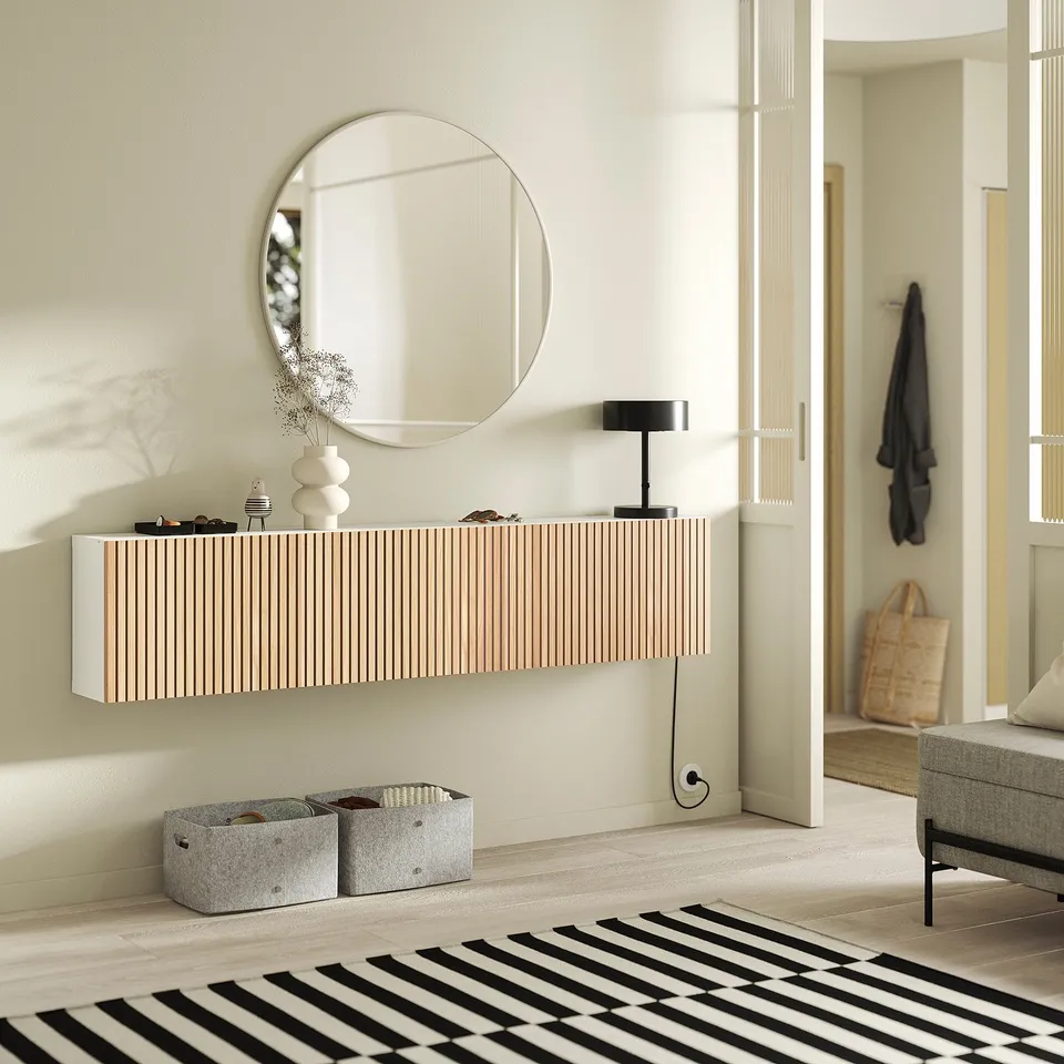 BESTÅ Wall-mounted cabinet combination, white/Björköviken oak veneer, 180x22x38 cm