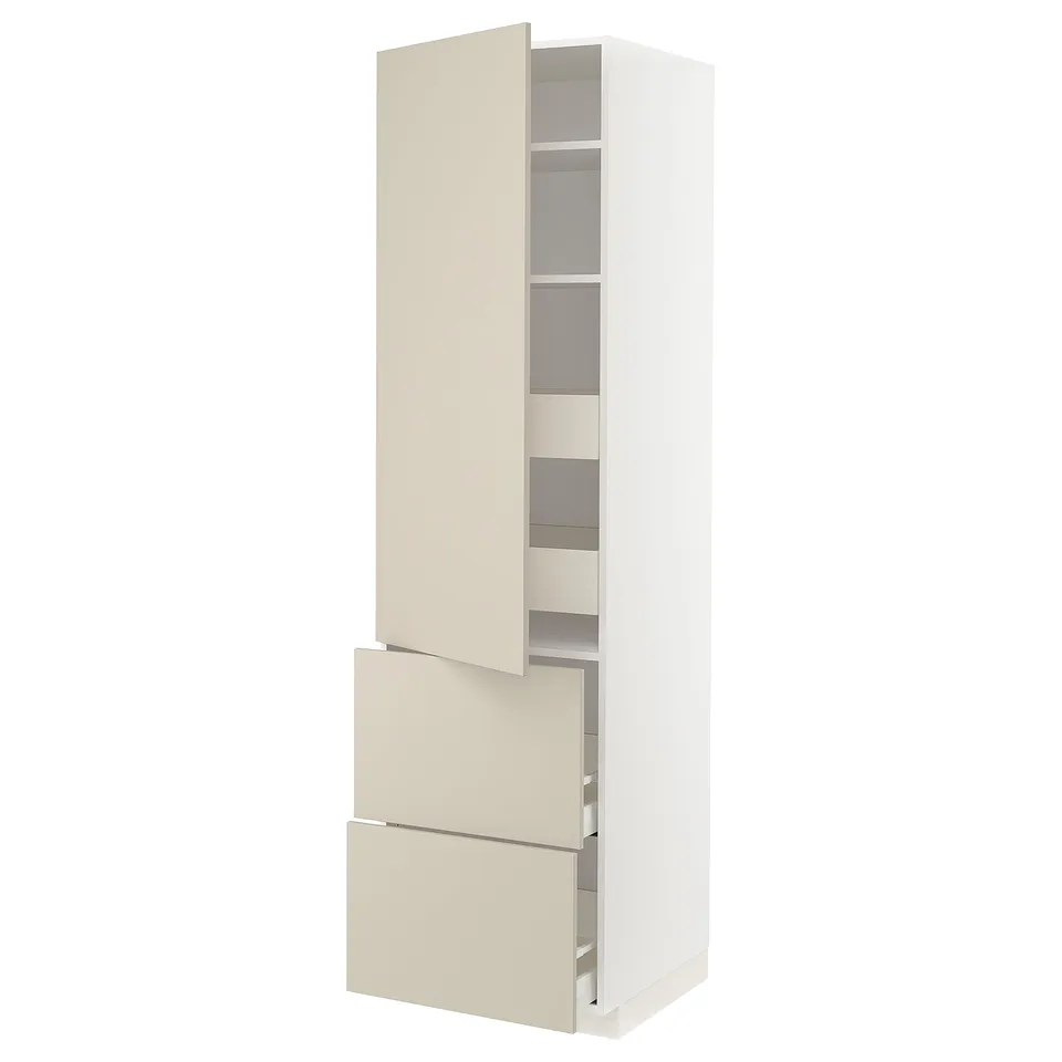 Modern beige METOD kitchen cabinet with adjustable shelves and smooth drawers.