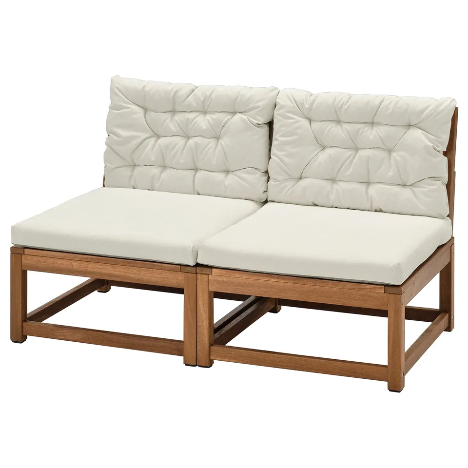 NÄMMARÖ outdoor loveseat, beige cushions, acacia wood, sturdy, modern design.