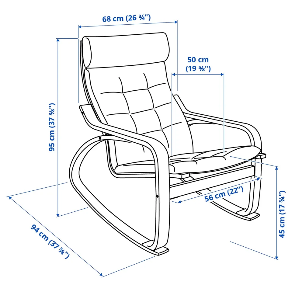 Illustration with measurements for the product: POÄNG.