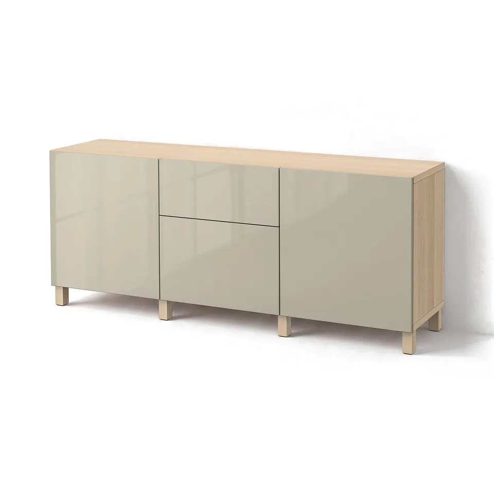 BESTÅ Storage combination with drawers, white stained oak effect/Selsviken/Stubbarp high-gloss/beige, 180x42x74 cm