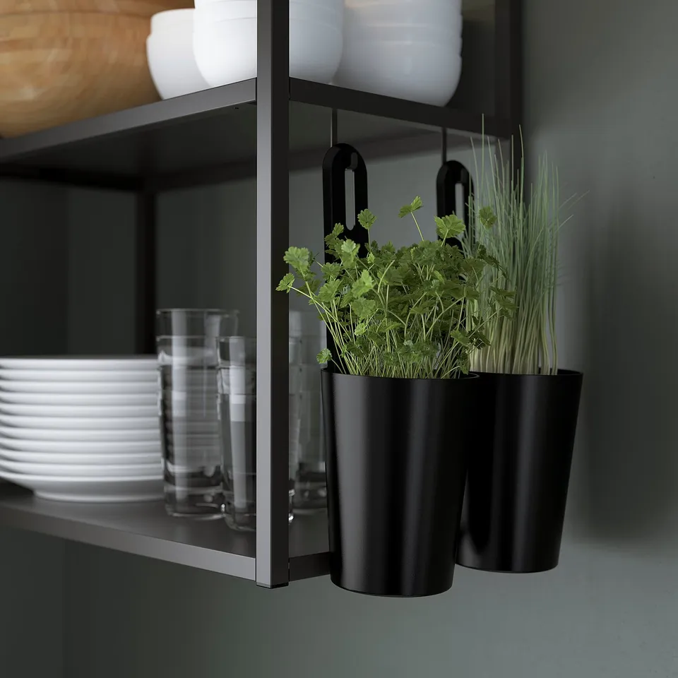 Modern kitchen shelves with hanging herb pots. Display glasses and organise kitchen items.