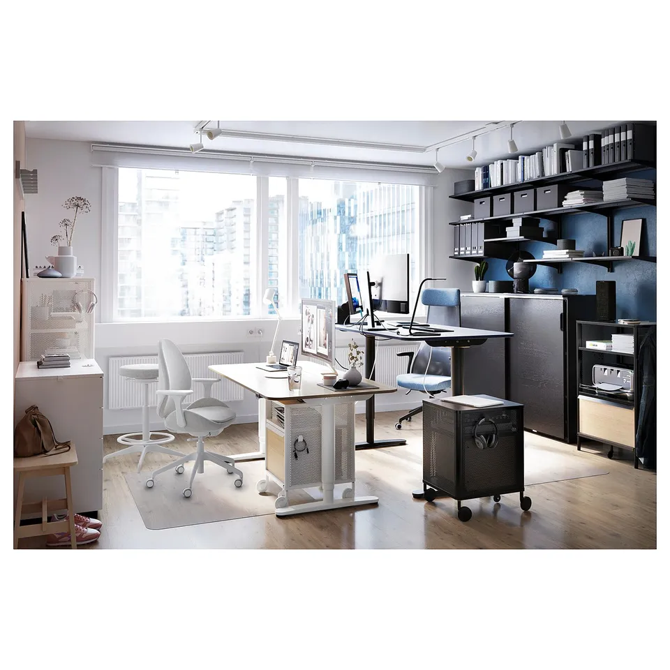 Modern office space with adjustable desks, ergonomic chairs, and storage units. Large window with city view, neatly organised workspace.