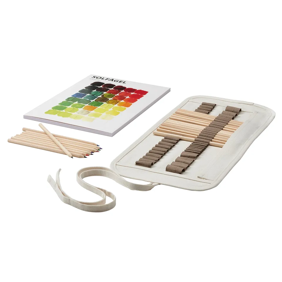 SOLFÅGEL art set: 24 coloured pencils, canvas pad, roll-up case.