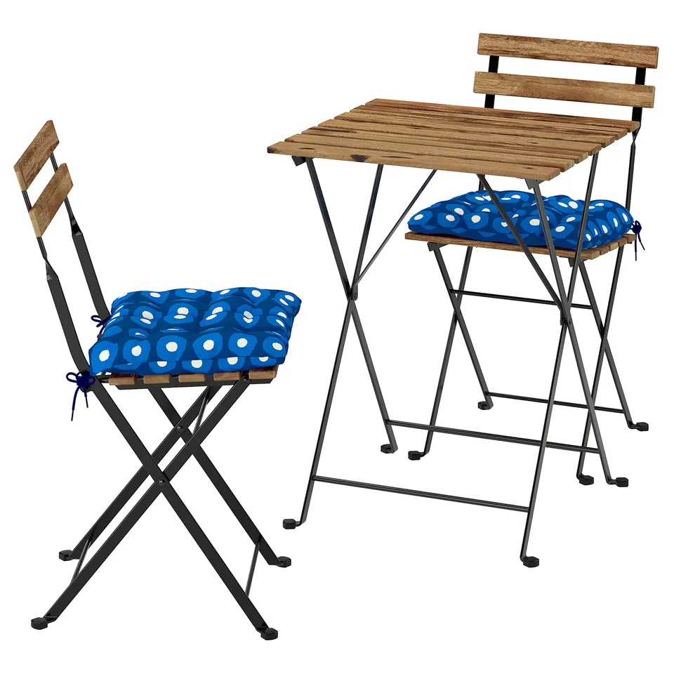 Foldable table & chairs, blue polka-dot cushions