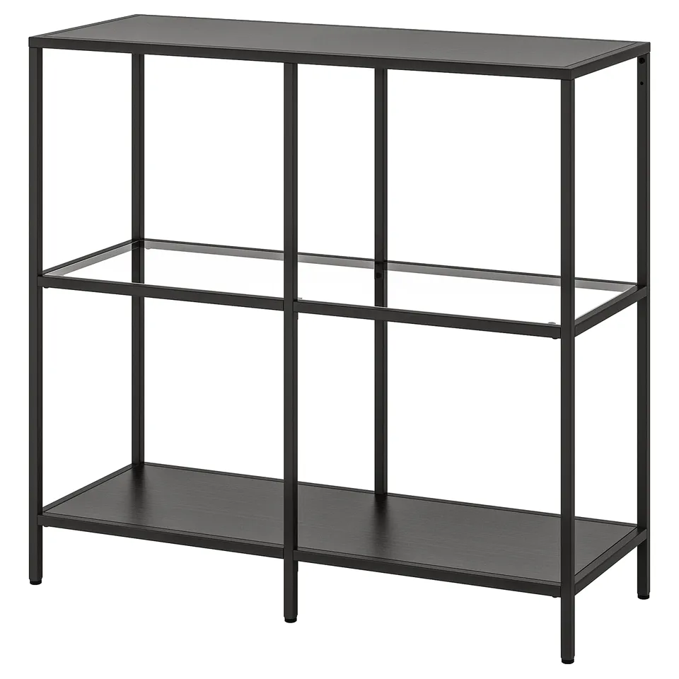 VITTSJÖ shelf, black-brown & black, rectangular, minimalist design with glass & metal.