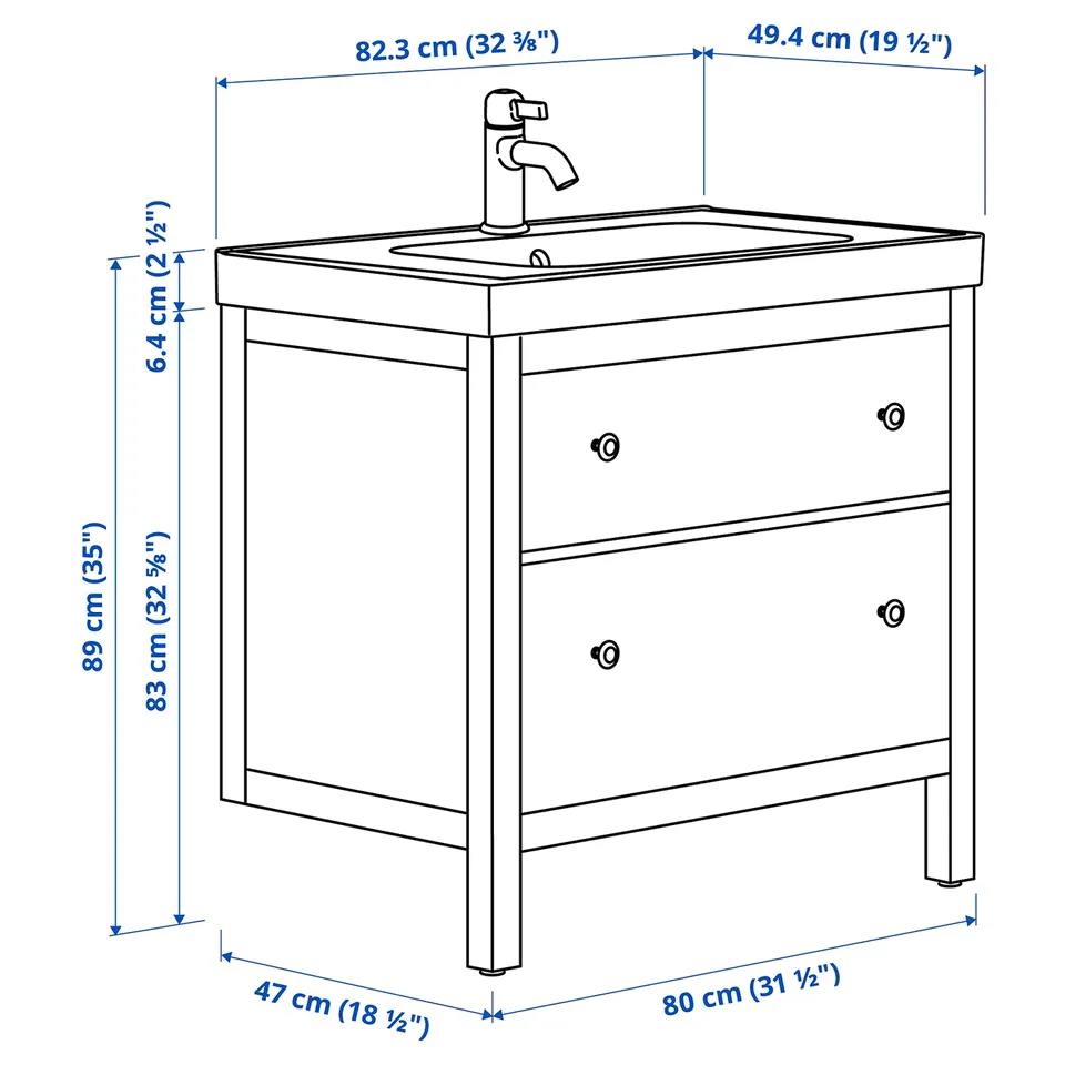 Illustration with measurements for the product: HEMNES.