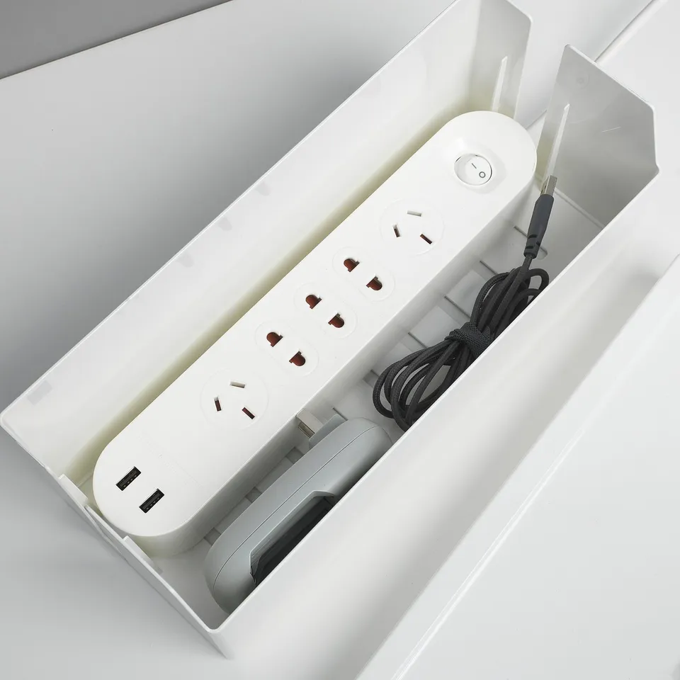 White surge protector with 3 outlets, 2 usb ports, cables, and plug.