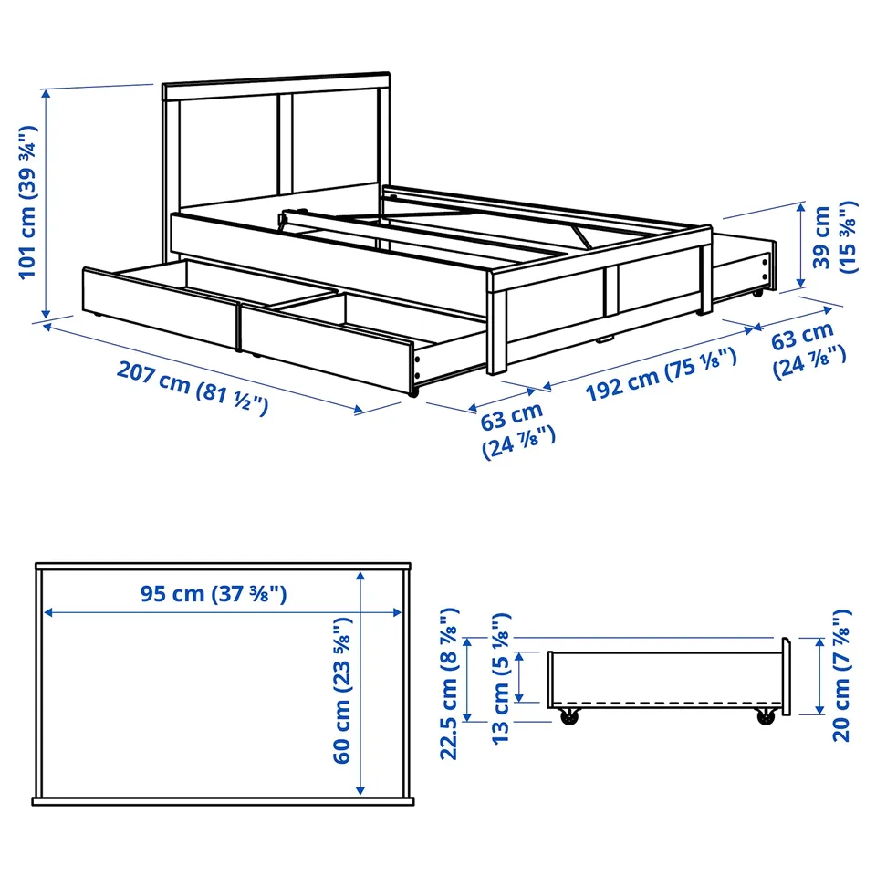 FÅGELFJÄLLET Bed frame with 4 storage boxes, off-white, 180x200 cm