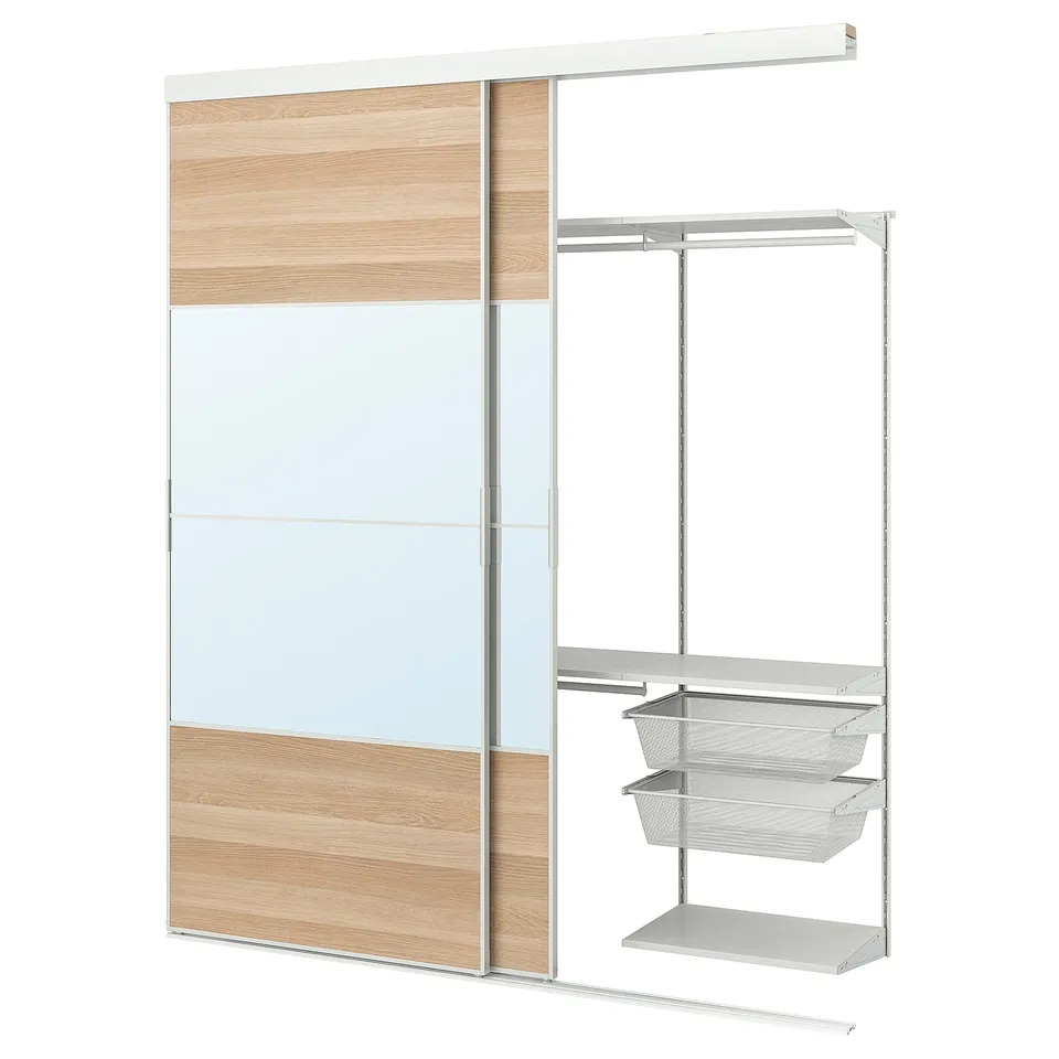 SKYTTA modular closet: light oak, mirrored glass, metal shelves & baskets, sliding door.