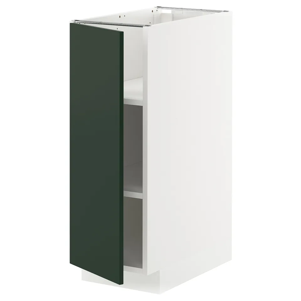 A white METOD kitchen cabinet with dark green door, including a shelf and hinges.