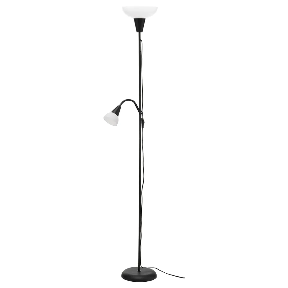 A TÅGARP lamp in black. It has a tall base, two lamp heads, one adjustable. Made of steel and plastic, its designed for reading and room lighting.